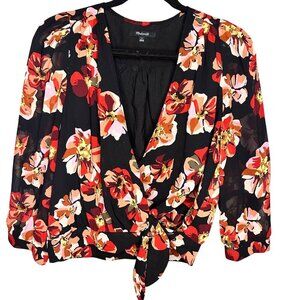 Madewell Blouse Womens Floral Print 3/4 Sleeve Faux Wrap With Tie‎ Waist Size M
